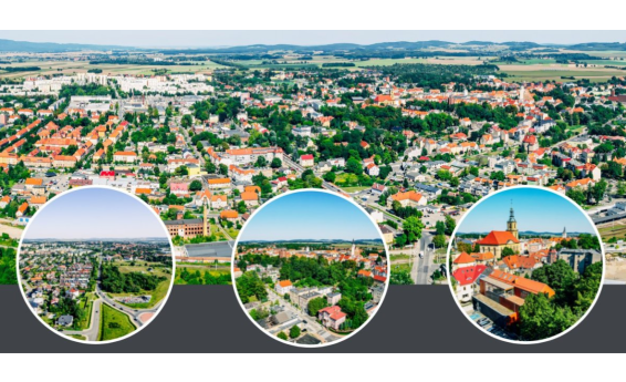 Decorative graphics with photos of Dzierżoniów from a bird's eye view.