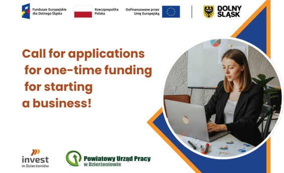Applications for one-time funding for business start-ups are being accepted. On the right, a woman sits in front of a computer. The following logos are used: Invest in Dzierżoniów, Dzierżoniów District Employment Office, European Funds for Lower Silesia, Republic of Poland, Lower Silesia.