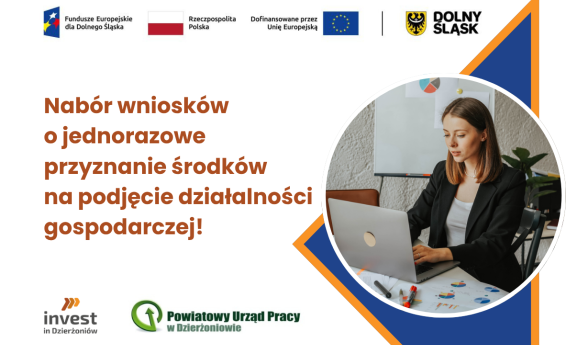 Nabór wniosków o jednorazowe przyznanie środków na podjęcie działalności gospodarczej. Po prawej stronie kobieta siedzi przed komputerem. Zastosowano następujące logotypy: Invest in Dzierżoniów, Powiatowy Urząd Pracy w Dzierżoniowie, Fundusze Europejskie dla Dolnego Śląska, Rzeczpospolita Polska, Dolny Śląsk.