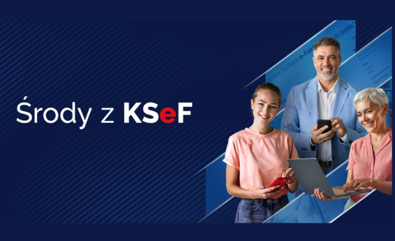 Środy z KSeF. Po prawej stronie 3 osoby uśmiechają się.