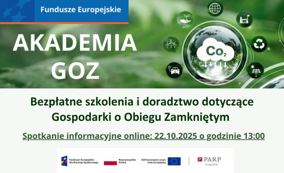 Akademia GOZ, Bezpłatne szkolenia i doradztwo dotyczace Gospodarki o Obiegu Zamkniętym. Spotkanie informacyjne 22.10.2025, godz. 13:00. Zastosowano grafikę dekoracyjną
