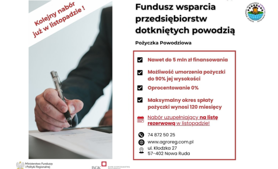 Fundusz wsparcia przedsiębiorstw dotkniętych powodzią - pożyczka powodziowa. Po lewej stronie grafika dekoracyjna.