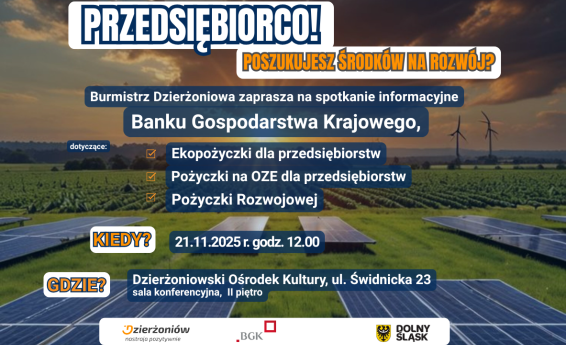 Spotkanie informacyjne Banku Gospodarstwa Krajowego. 21.11.2025 r. godz.: 12:00 w Sali Dzierżoniowskiego Ośrodka Kultury. W tle widok na panele fotowoltaiczne.