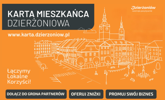 Join the "Dzierżoniów Resident Card." The background features decorative graphics on an orange backdrop.