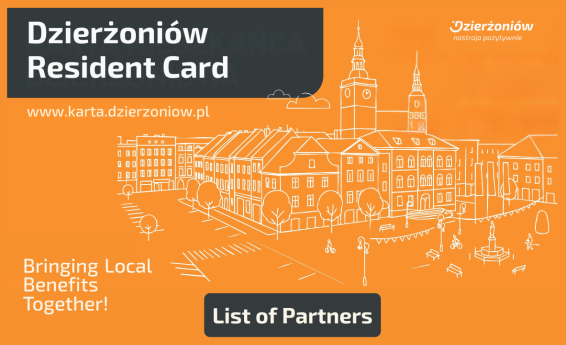List of Dzierżoniów Resident Card Partners. Decorative graphic in the background.