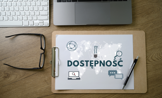 Grafika z napisem „Dostępność” oraz ikonami symbolizującymi technologie cyfrowe i komunikację