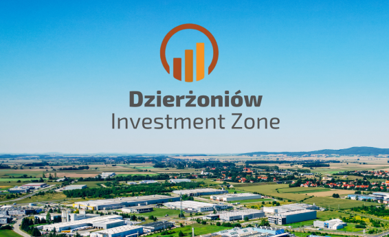 Aerial view of industrial and investment areas in Dzierżoniów, showing warehouses and factories, with the Dzierżoniów Investment Zone logo at the top