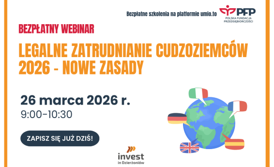 Grafika dekoracyjna informująca o webinarze: Legalne zatrudnianie cudzoziemców 2026 – nowe zasady