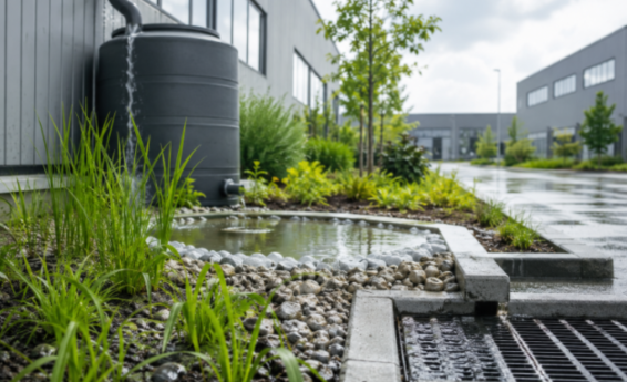 A fragment of the retention installation operating on a rainy day next to the factory building.