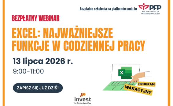 Grafika dekoracyjna informująca o webinarze "Excel: Najważniejsze funkcje w codziennej pracy".