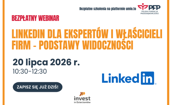 Grafika dekoracyjna informująca o webinarium "LinkedIn dla ekspertów i właścicieli firm – podstawy widoczności".