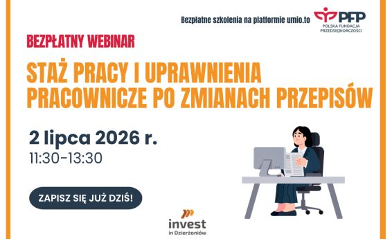 Grafika dekoracyjna informująca o webinarze "Staż pracy i uprawnienia pracownicze po zmianach przepisów".