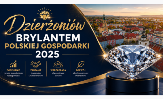 An aerial view of Dzierżoniów's Market Square, featuring the Town Hall and its historic townhouses. On the right-hand side of the graphic is a diamond symbolizing Dzierżoniów's recognition as a recipient of the Polish Economy Diamond 2025 award.