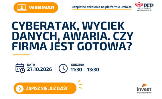 Grafika informująca o szkoleniu Cyberatak, wyciek danych, awaria. Czy firma jest gotowa?