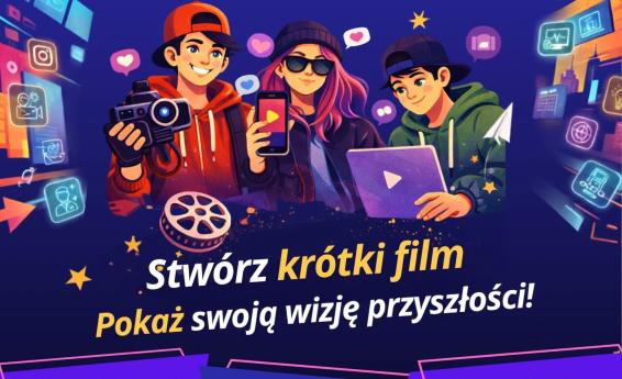 Graphic promoting the “My Future Profession” film competition for students aged 13–18 from Lower Silesia. Participants are asked to create a video of up to 60 seconds about a chosen profession. Submission deadline: 12 November 2026.