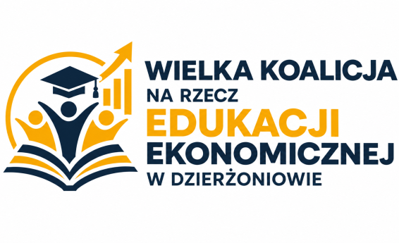 Logo Wielkiej Koalicji na rzecz Edukacji Ekonomicznej w Dzierżoniowie z symbolem książki, młodzieży i rozwoju.
